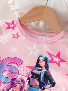 SHEIN 2件組女童幼兒可愛卡通恐龍印花貼身圓領T恤與緊身短褲休閒居家服 - 粉色 - 查看 4