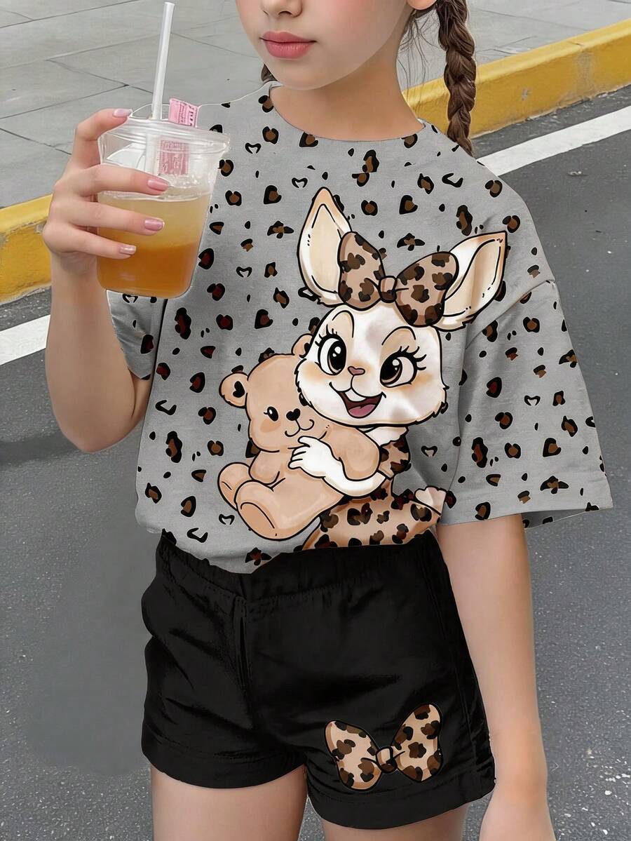 花卉灰色 2件組可愛兔子與豹紋印花上衣,青少年女孩休閒簡約圓領寬鬆短袖T恤與緊身單車褲套裝,適合春夏季日常、旅行、穿搭、度假、戶外、農場、悠閒時光,女孩套裝 - 彩色 - 查看 1