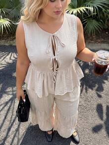 Dripcurv Plus Size Casual Summer Versatile Women 2 Pieces Set With Ruffles, Includes Blouse & Pants, Suitable For Daily Wear & Beach Vacation - Apricot - View 1