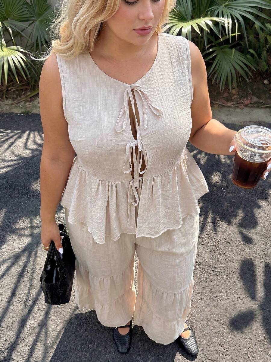 Dripcurv Plus Size Casual Summer Versatile Women 2 Pieces Set With Ruffles, Includes Blouse & Pants, Suitable For Daily Wear & Beach Vacation - Apricot - View 1