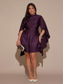 SHEIN BAE Vestido tipo chal de satén con dobladillo asimétrico, espalda fruncida y correa ajustable con hebilla para mujer talla grande, otoño/invierno - Morado - Ver 5