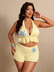 Elaquor Plus Size Women's Summer Beach 3D Starfish Pattern Decor Deep V-Neck Backless Ruched Top And Shorts Tankini Set - Light Yellow - View 4