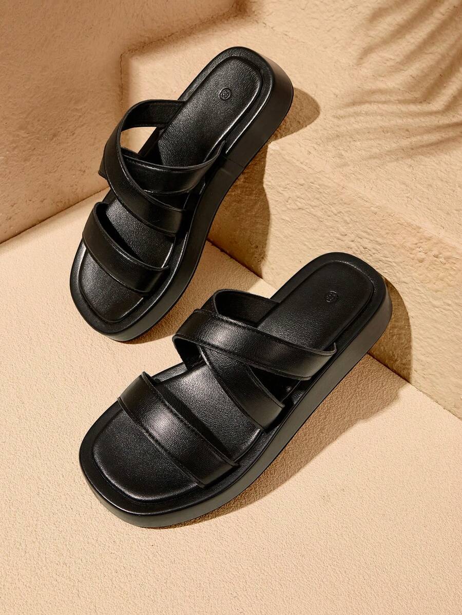 HighSole Sandales décontractées confortables pour femmes, semelle épaisse, double ceinture, design croisé, bout ouvert, style léger et mature, noir, pour le printemps et l'été, usage quotidien, rue et voyage - Noir - Voir 1