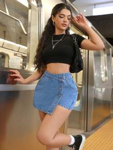 SHEIN ICON 節慶大尺碼女款夏季淺藍色無彈力不對稱性感休閒裙褲套裝 正式 - 淺色水洗藍 - 查看 4