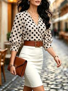 SHEIN LUNE Blusa de mujer de verano con cuello en V, mangas abullonadas, lunares, cintura ceñida, estilo francés romántico para la hora del té - Albaricoque - Ver 3