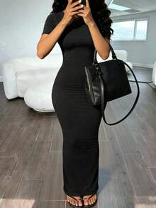 INAWLY Solva Women's Solid Color Round Neck Elegant Waist-Cinching Long Dress For Party And Gathering - Black - View 3