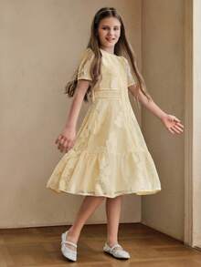 Anewsta Summer Blue Hollow Puff Sleeve Midi/Dress For Older Children - Yellow - View 4