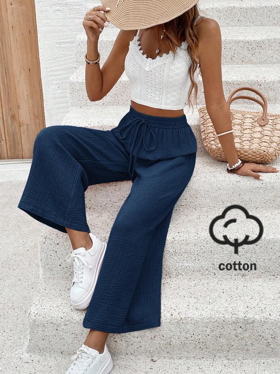 SHEIN Frenchy 女款素色腰部綁帶休閒寬鬆長褲度假款