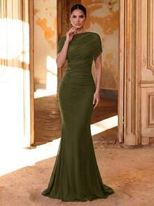 Aureia Gaun Bridesmaid Model Duyung dengan Hiasan Ruffle dan Lapisan Chiffon Elegan, Gaun Malam Formal Terjangkau untuk Tamu Pernikahan, Warna Hijau Zaitun, Musim Semi - Hijau Tentara - View 3