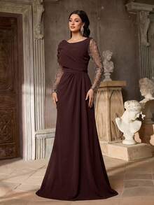 Aureia Elegant Luxurious Beaded Sequin Bubble Bead Embroidery Sheer Sleeve Patchwork Elastic Knit Ruched Mermaid Ruffle Dress - Rust Brown - View 5