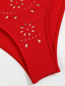 Swim Oasis 素色鏤空挖空細肩帶女款一件式鏤空花瓣裙襬高階套裝 - 紅色 - 查看 10