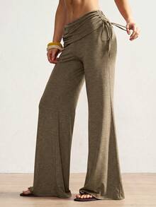 Bohemela Celana Panjang Wanita Kasual Warna Polos Model Fitted Flare Leg (Celana Panjang Pas Badan dengan Kaki Mengembang) - Khaki - View 6
