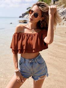 SHEIN VCAY Women's Summer Beach Vacation Style Minimalist Solid Color One-Shoulder Layered Ruffle Cropped Top,Summer Top,Brown Top - Rust Brown - View 6