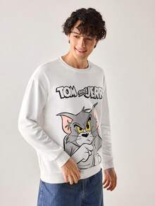 Strevion TOM & JERRY 男士休闲 Thinking Tom 字母印花圆领长袖卫衣，春秋季 - 白色 - 查看 3