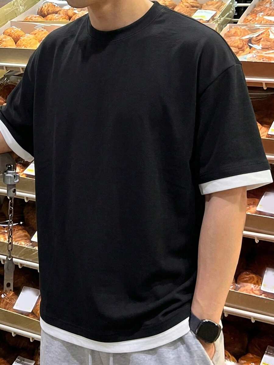 DAZY 男士短袖黑色拼接白色飾邊 T 恤 夏季款 - 黑與白 - 查看 1