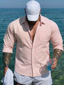 DAZY Spring/Summer Pink Striped Loose Fit Plus Size Men's Shirt - Pink - View 5