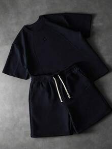 PAVTROS Set Kaos dan Celana Pendek Patchwork Kasual Pria untuk Liburan - Navy Blue - View 4