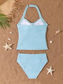 SHEIN Tankini de unicolor con cuello halter para niña preadolescente, adecuado para el verano - Celeste - Ver 2