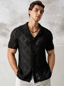 Airaco Men's Summer Holiday Front Button Hollow Knit Shirt - Brown - View 4