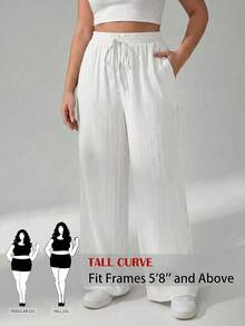 SHEIN Tall CURVE Plus Size Solid Color Elastic Waist Drawstring Tie Loose Pants Fall - White - View 1