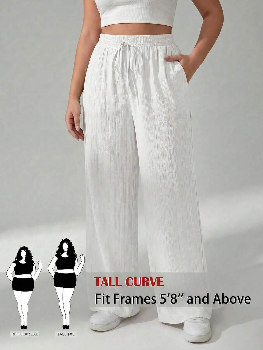 SHEIN Tall CURVE Plus Size Solid Color Elastic Waist Drawstring Tie Loose Pants Fall - White - View 1