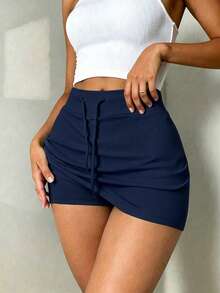 Rina Fox Rok celana wanita model dasar dengan tali serut dan pinggang rendah. - Navy Blue - View 3