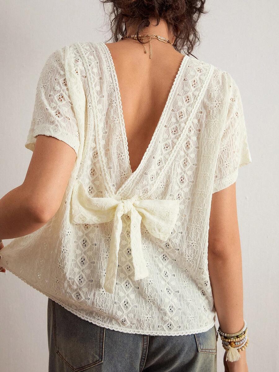 Freevana Women's French Romantic Vacation Style | White Eyelet Embroidery Short Sleeve Blouse - Sweet Deep V Open Back With Bow Tie Top - White - View 1