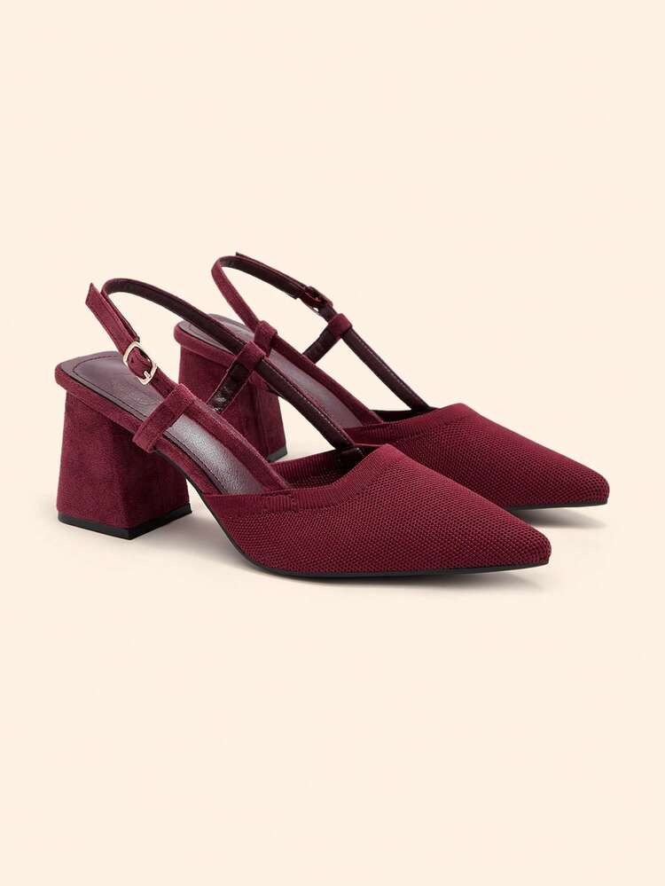 CUCCOO BASICS Women Shoes Pointed Thick High Heel Burgundy Knitted Back Strap Buckle Comfortable And Breathable Daily Versatile Commuter Essential For Going Out Women's High Heel Shoes Slingback Shoes Women's Shoes