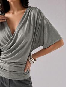 LYSMO Women's Elegant Khaki Draped Neck Ruffle T-Shirt, Summer Top - Khaki - View 7
