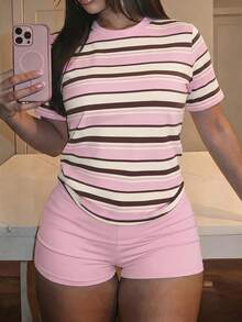 Slaydiva Women's Round Neck Striped Pattern Short Sleeve Top And Shorts 2 Pieces Set - Pink - View 6