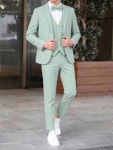 SHEIN 3件組兒童青少年男孩春夏秋冬適用 學院風可愛休閒綠色西裝外套馬甲休閒長褲紳士套裝 適合生日派對、正式褲裝套裝、晚宴、表演、婚禮 - 薄荷綠 - 查看 1