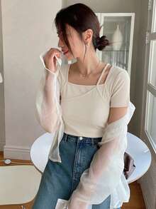 FRIFUL 女款夏季休閒素色不對稱二合一T恤 - 杏色 - 查看 3