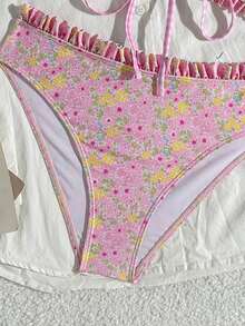 Swim Mod Girls Sweet 2pcs Floral Random Print Wide Strap Tie Front Triangle Bikini Swimsuit Set - Multicolor - View 5