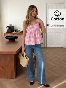 Easowa Blouse sans manches à carreaux avec nœud au dos et ourlet à volants pour femmes - Rose bonbon - Voir 4
