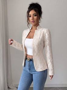 Elenzga 女款春秋冬杏色蕾絲複合紋理設計面料小立領收腰修身高階優雅生日禮物約會派對情人節優雅修身長袖常規夾克 - 杏色 - 查看 5