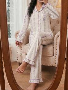 Modelyn 花卉印花上衣和裤子睡衣套装，适合假日、秋冬季穿着，舒适优雅。 - 彩色 - 查看 2