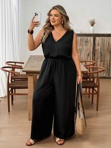 SHEIN CURVE+ 大码女式纯色露背系带宽松阔腿无袖连体裤 黑色夏季休闲黑色凉爽面料连体裤 - 黑色 - 查看 6