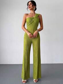 Firerie Women's Solid Color Knit Textured Fabric Jumpsuit, Asymmetric Twist Design, Straight Leg - Olive Green - View 7
