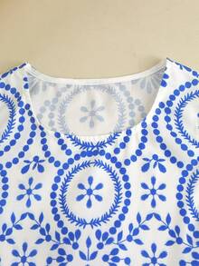 Florisole Women's Elegant Vacation Bohemian Blue Floral Print Wavy Ruffle Trim White Shirt - Multicolor - View 4