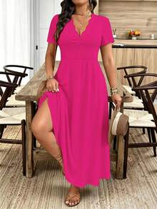Breezaya Vestido largo de moda para ir al trabajo con cuello ondulado para mujer de talla grande - Rosa Fucsia - Ver 4