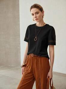 MOTF PREMIUM WOMEN'S CASUAL VACATION BLACK CONTRAST LACE SHORT SLEEVE T-SHIRT - Black - View 6