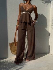 Aloruh Women's Casual Elegant Vacation Set/Shell Decor Top/Backless Tie Strap Top/Summer Set/White Set/Sexy Set - Brown - View 6