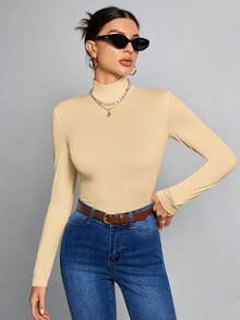 SHEIN Tall Simple Solid Color Slim High Collar White Top Suitable For Autumn And Winter - Apricot - View 6