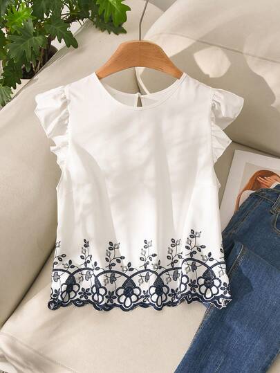 Story & Sage Casual Home & Vacation Women's Fitted Embroidered Blouse With Ruffle Sleeves, Spring/Summer White Shirt Casual Boho Style Shirt Summer Vacation Shirt