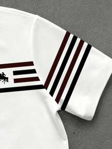 Manfinity EMRG 男士對比色 Polo 衫，小馬標誌設計，拼接時尚短袖上衣，黑白條紋，夏季，休閒，高爾夫，正式 - 彩色 - 查看 5