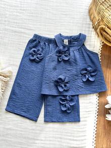 Vintaside Kids 女嬰夏季無袖時尚優雅立體花朵裝飾掛脖背心搭配簡約休閒時尚長褲套裝，適合旅行、度假、休閒散步或派對、生日派對等 - 藍色 - 查看 5