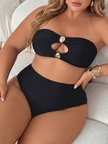 SHEIN CURVE+ Conjunto de bikini bandeau de vacaciones para mujer talla grande - Negro - Ver 4