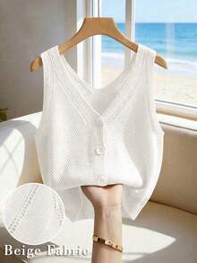 Franclia Women's Casual Minimalist Vintage Comfortable Commuter Suitable Beach Vacation Wear V-Neck Sleeveless Slimming Plus Size Knit Spring Summer White - White - View 1