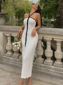 DAZY Neck-Tie Black And White Trim Fitted Mid-Length Dress For Women Sundress Vacation Summer Elegant French - White - View 6