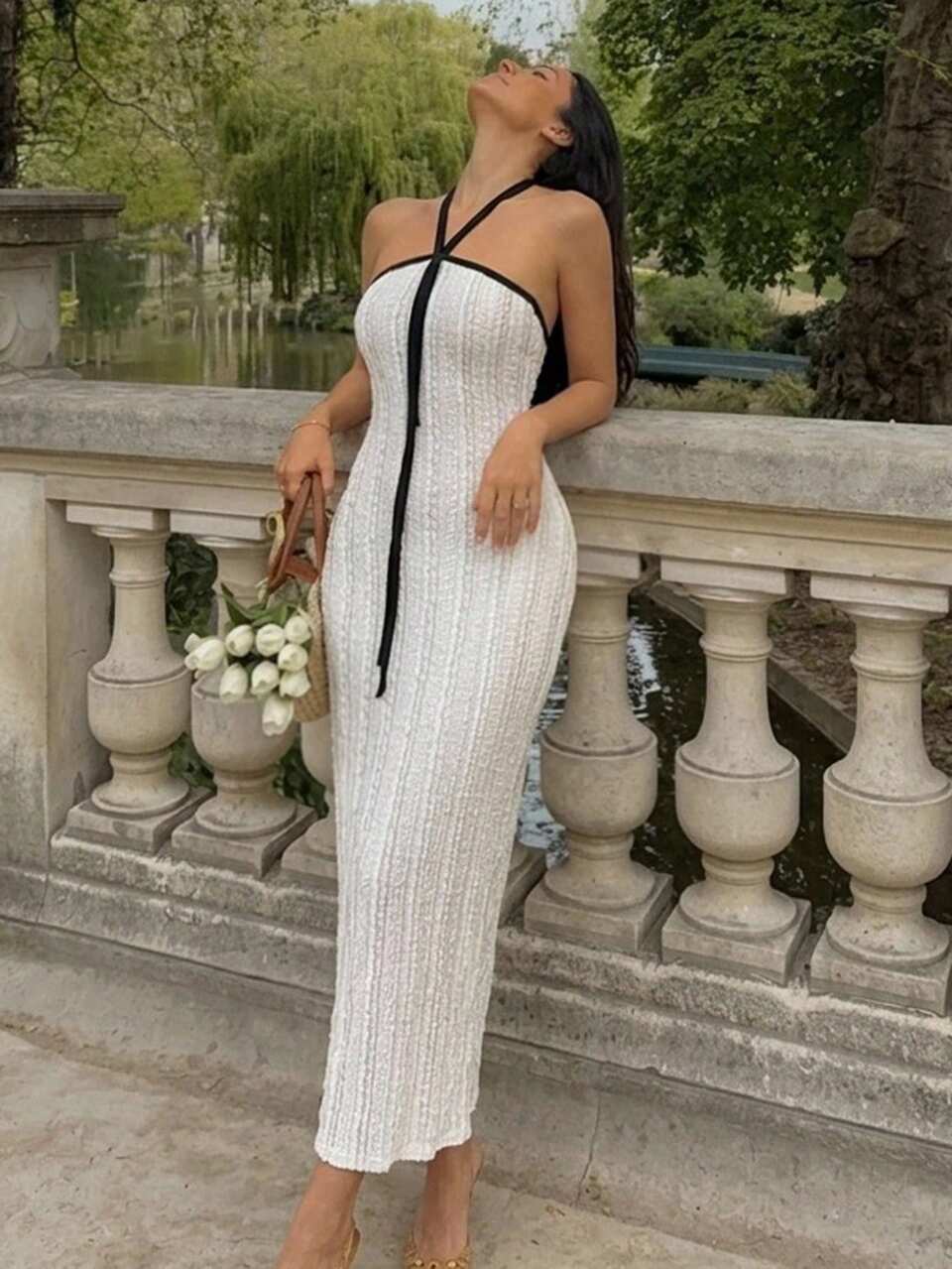 Neck-Tie Black Trim Fitted Mid-Length Dress For Women Sundress
